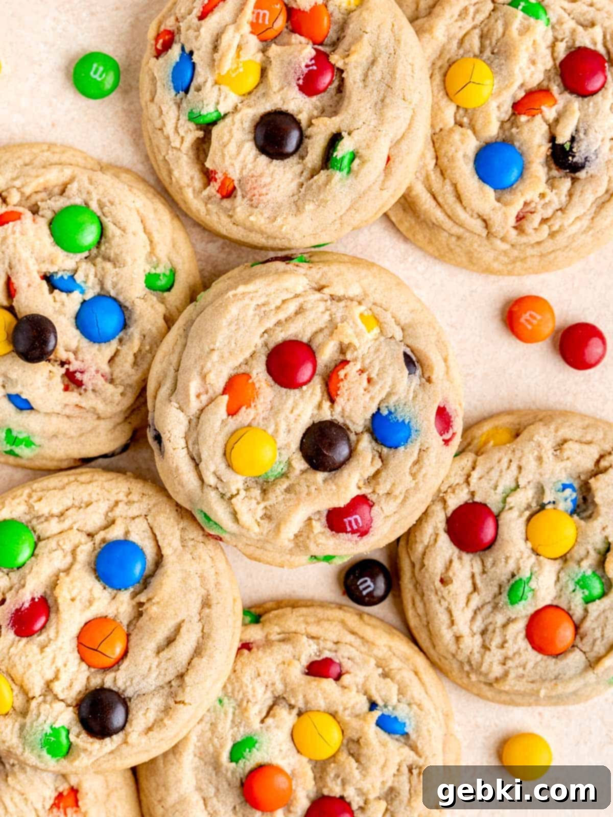 Top view of M&M sugar cookies, showcasing their vibrant colors and soft texture.