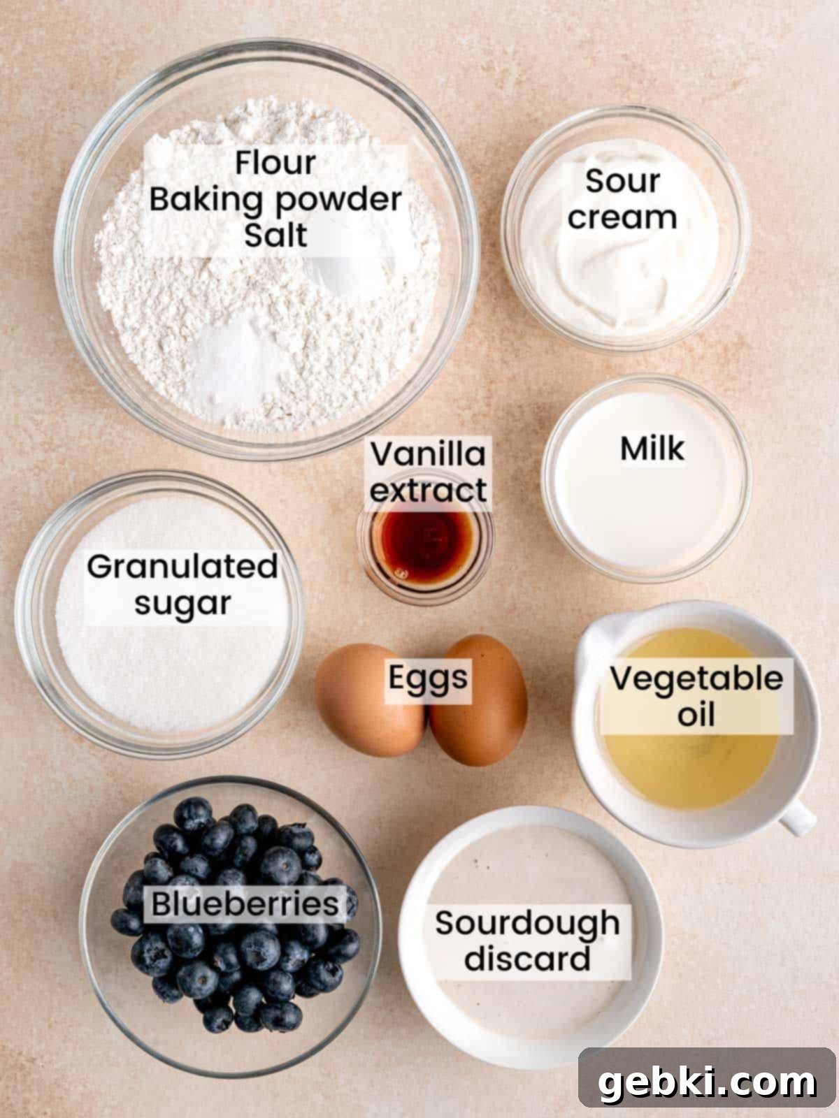 Ultimate Sourdough Discard Blueberry Muffins 3 Ingredients needed to make blueberry sourdough discard muffins.
