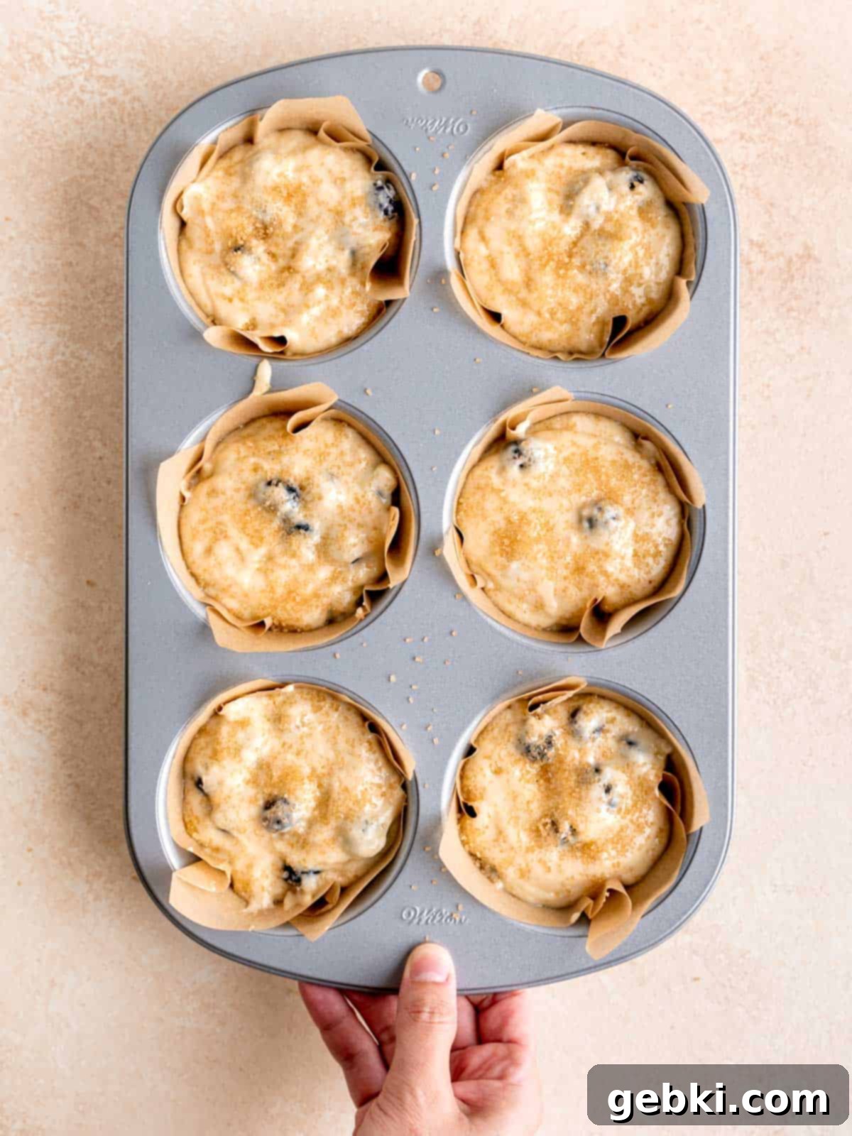 Ultimate Sourdough Discard Blueberry Muffins 7 Blueberry sourdough discard muffin batter topped with demerara sugar in a muffin pan.