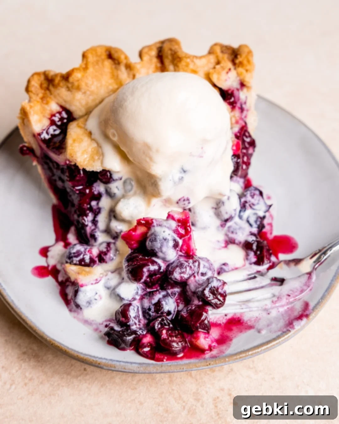 Aromatic Blueberry Delight 13 A bite-sized piece of spiced blueberry pie with a scoop of vanilla ice cream gently melting on top, ready to be enjoyed.