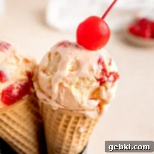 Amaretto Cherry Bliss 11 A scoop of homemade Cherry Amaretto Ice Cream in a bowl.