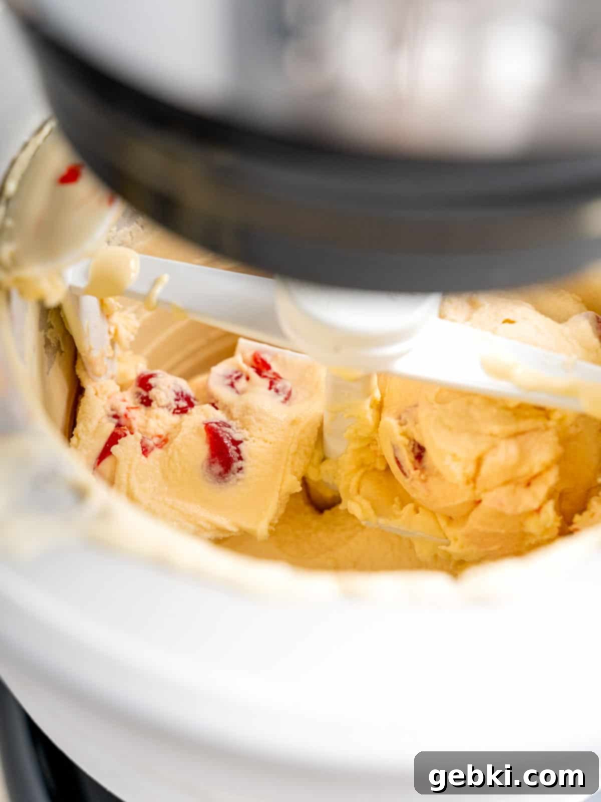 Amaretto Cherry Bliss 8 Churning ice cream in a Kitchenaid ice cream maker attachment.