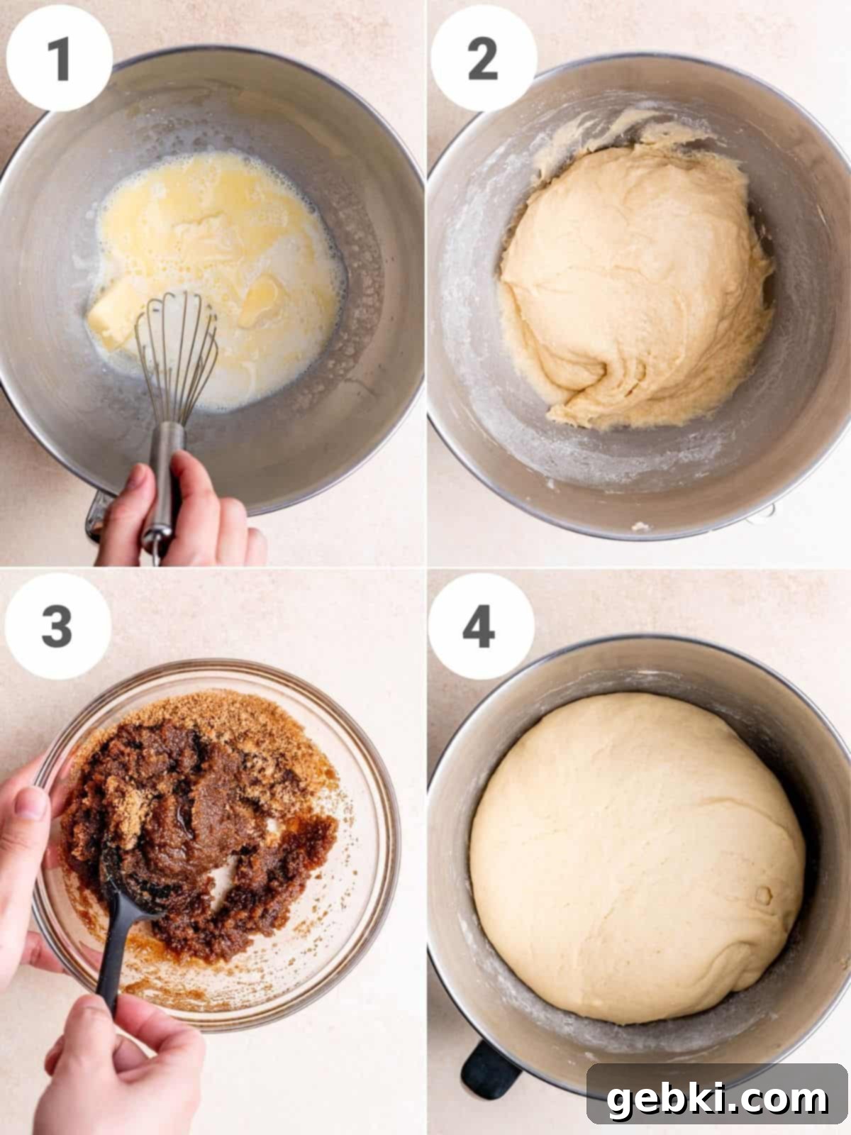 Step by step instructions showing how to make snickerdoodle cinnamon rolls, from mixing the dough to preparing the filling.