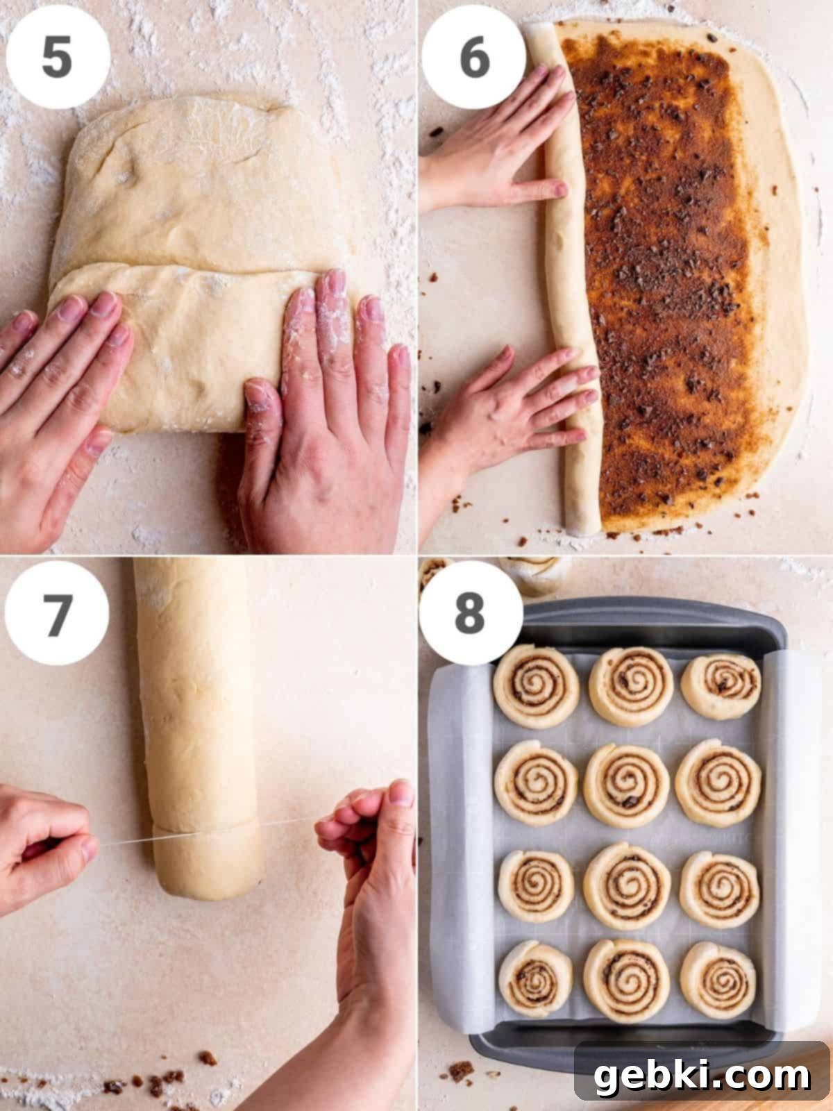Step by step instructions showing how to roll and form snickerdoodle rolls, including spreading the filling and cutting the log.