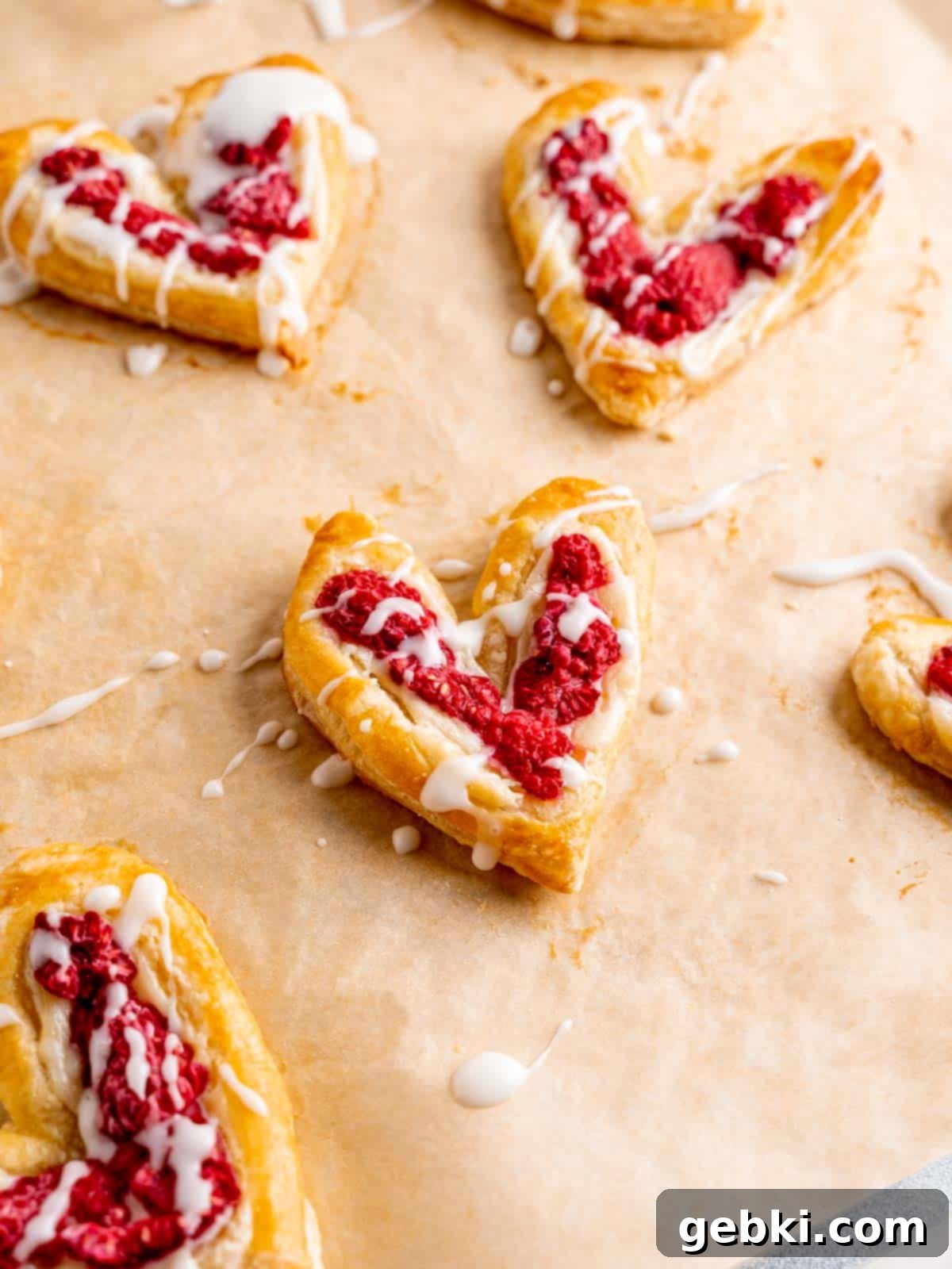 Easy Raspberry Cream Cheese Danish 11 Baked heart shaped raspberry danishes with icing.