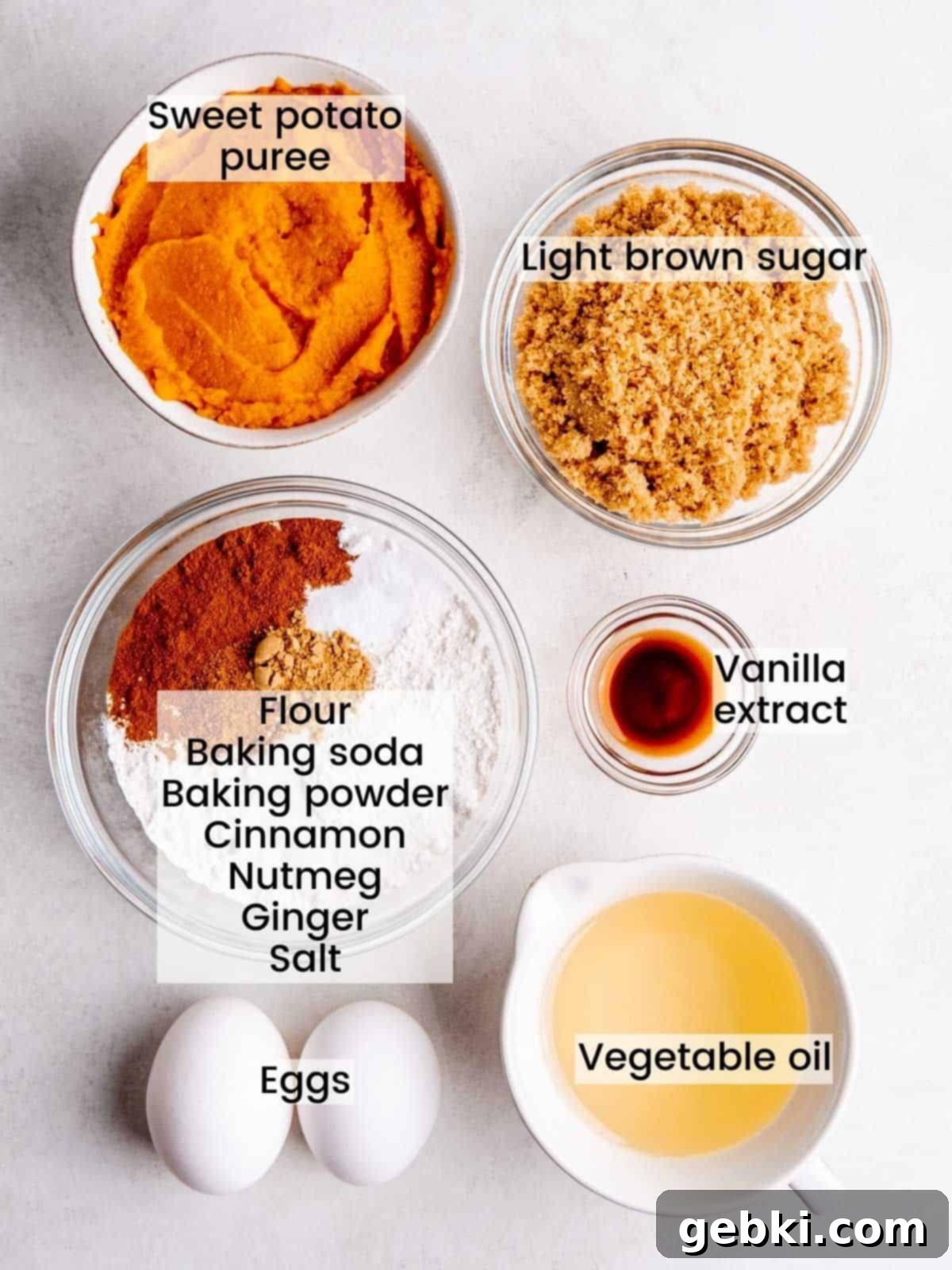 Ingredients needed to make sweet potato cupcakes with marshmallow frosting.