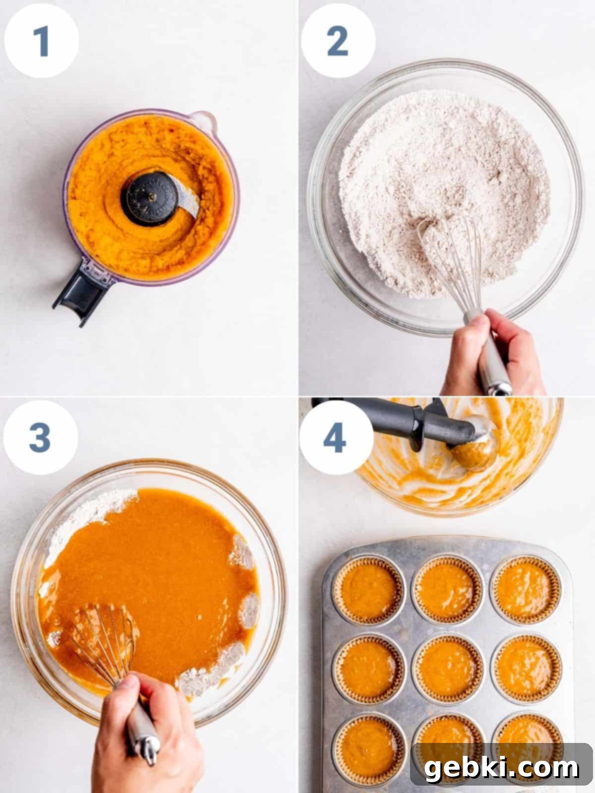Step by step instructions showing how to make sweet potato puree and cupcakes.