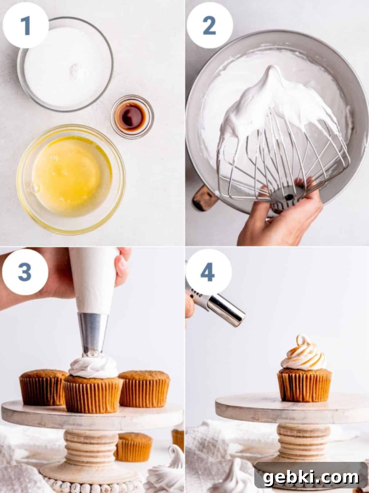 step by step instructions showing how to make the meringue frosting and toast it
