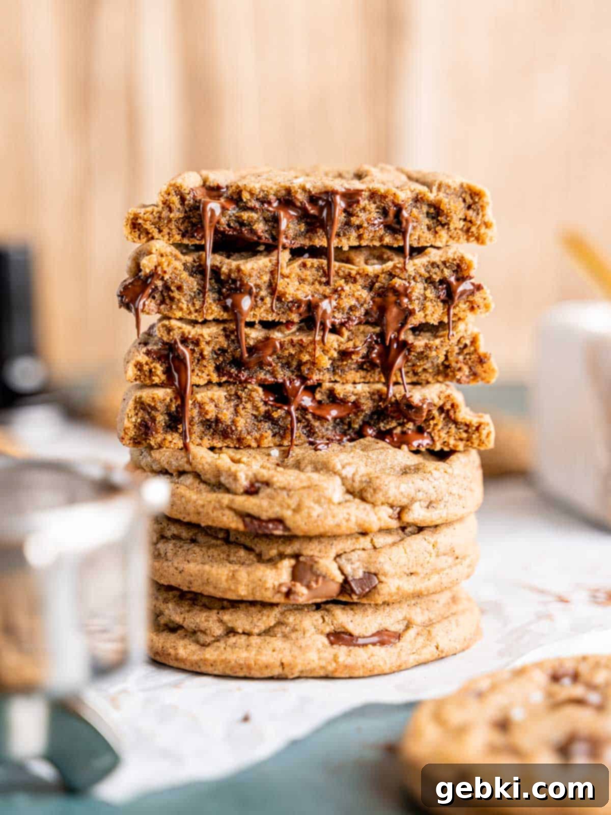 A stack of salted espresso chocolate chip cookies with chocolate dripping off of them, perfectly golden with flaky salt.