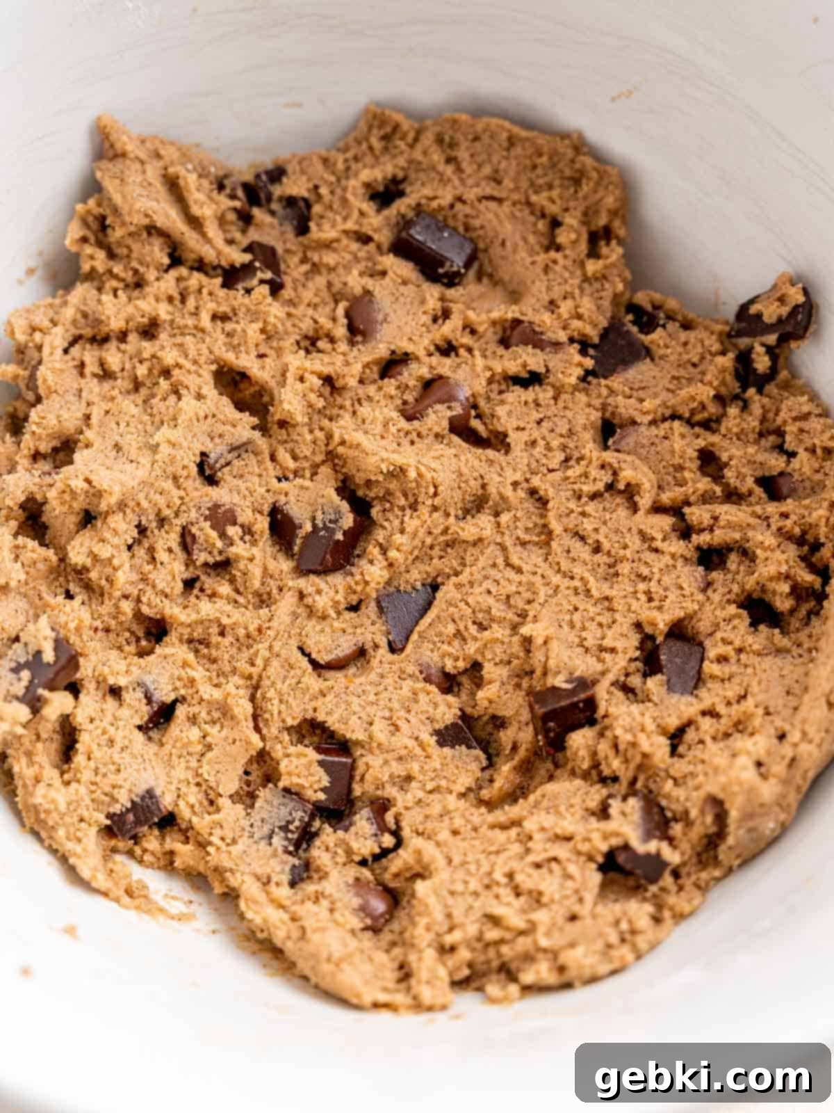 Espresso Sea Salt Chocolate Chip Cookies 6 Espresso chocolate chip cookie dough in a bowl, ready for scooping.
