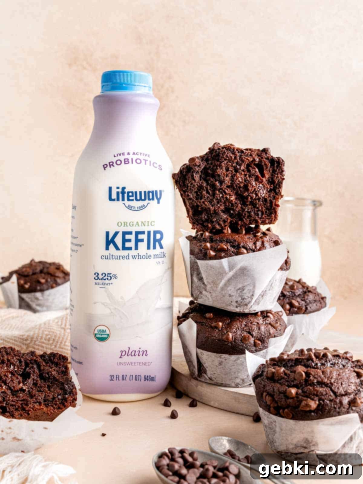 Ultimate Easy Triple Chocolate Brownie Muffins 8 A stack of triple chocolate brownie muffins next to a bottle of Lifeway kefir.