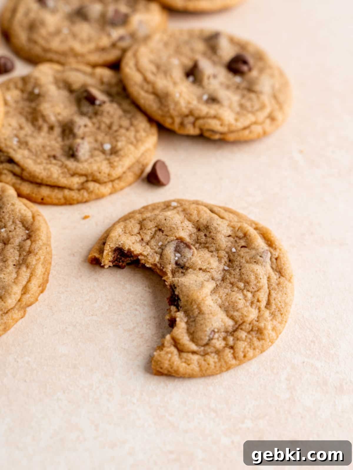 A perfectly baked malted milk chocolate chip cookie with a bite taken out, showing its soft and chewy interior.