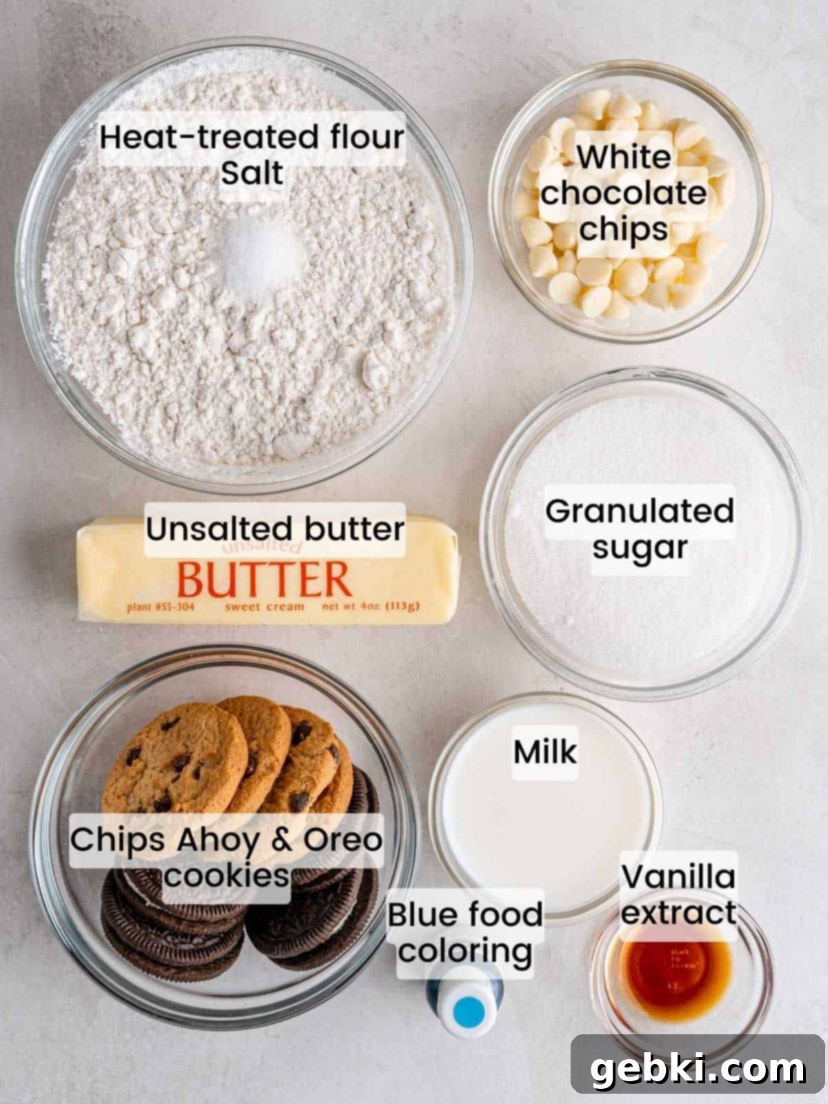 Ingredients needed to make cookie monster edible cookie dough.