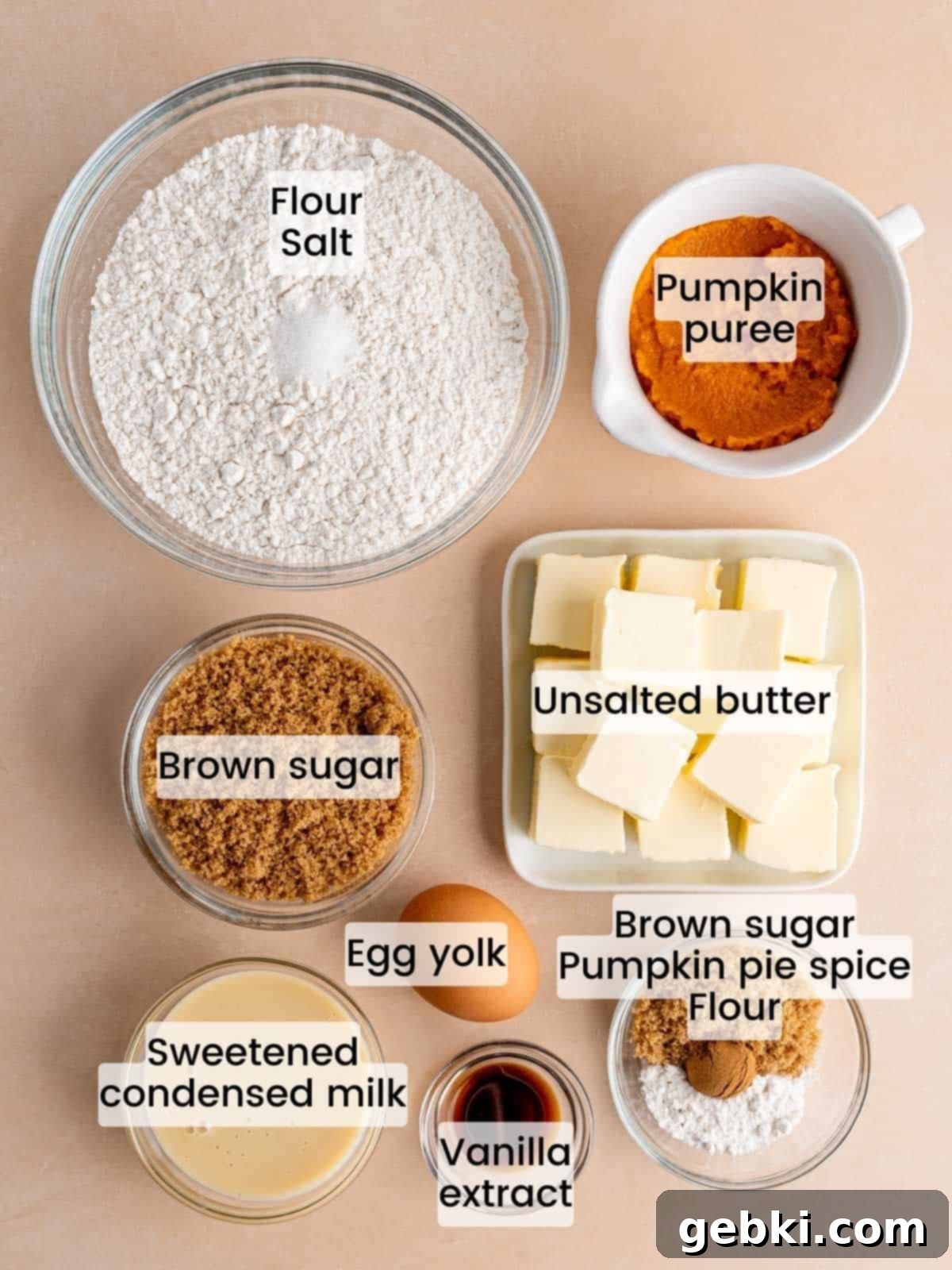 Ingredients needed to make pumpkin pie filled thumbprint cookies.