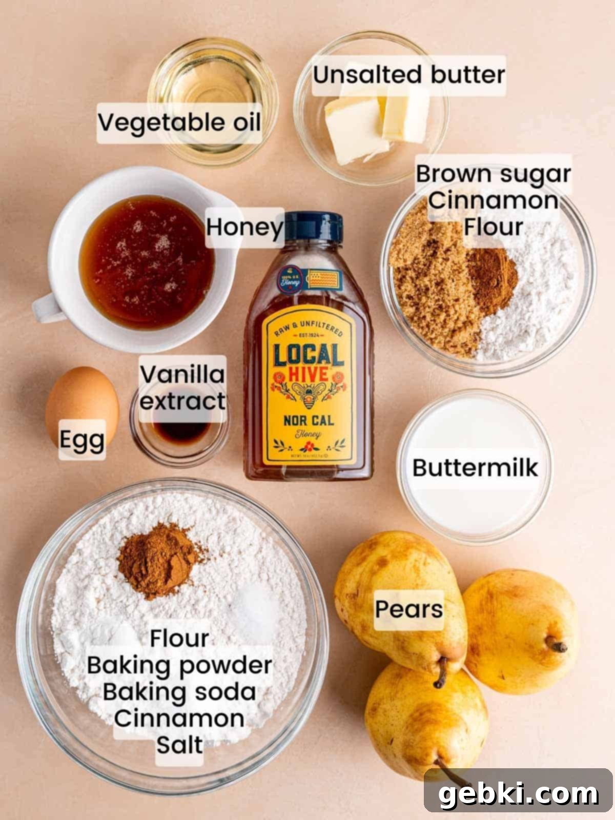 Ingredients needed to make easy honey pear muffins with cinnamon streusel.