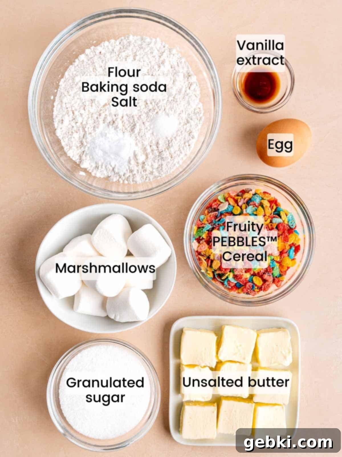 Ingredients needed to make Fruity Pebble Marshmallow Cookies.