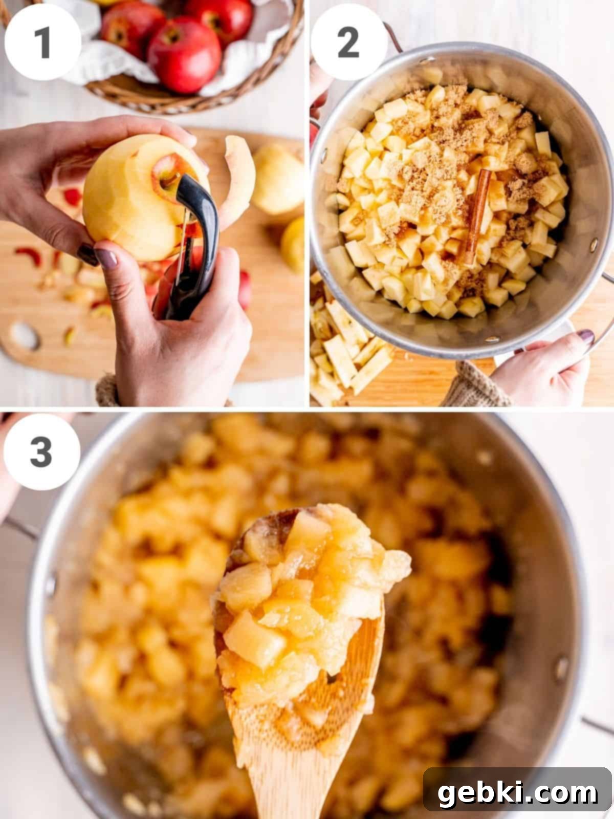 Rustic Apple Chunks 4 Three step-by-step images showing the process of making applesauce: peeling and chopping apples, combining ingredients in a pot, and simmering the apples.