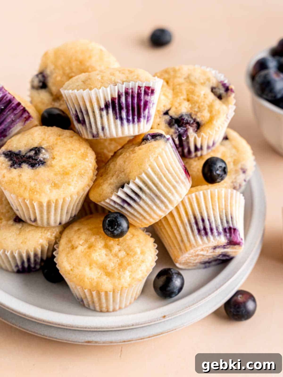 Bite-Sized Blueberry Bliss 2 Mini blueberry muffins stacked on a plate, showcasing their golden tops and visible blueberries.