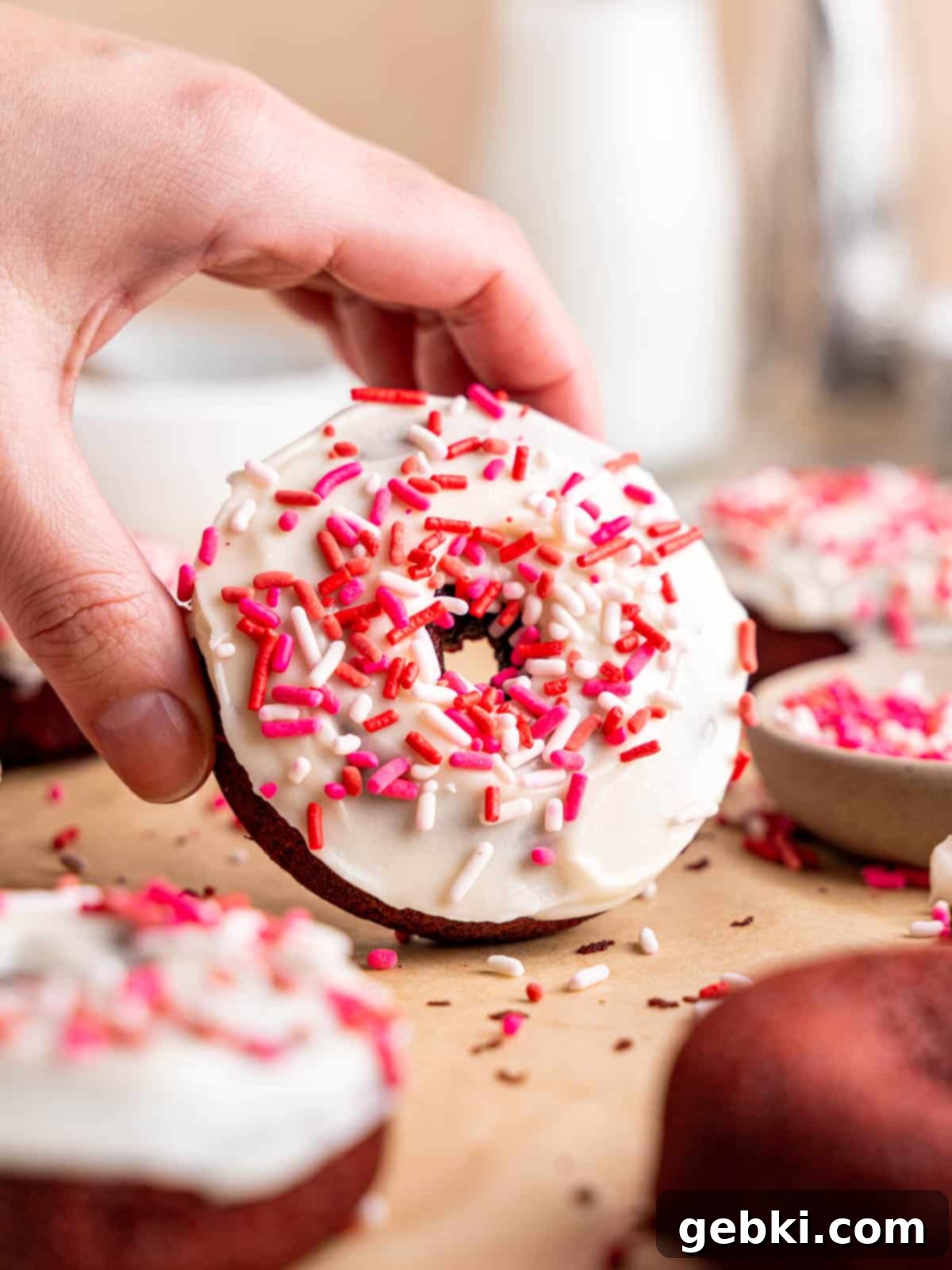 Frosted Red Velvet Donut Indulgence 2 A hand grabbing a red velvet cake donut with cream cheese icing and sprinkles.