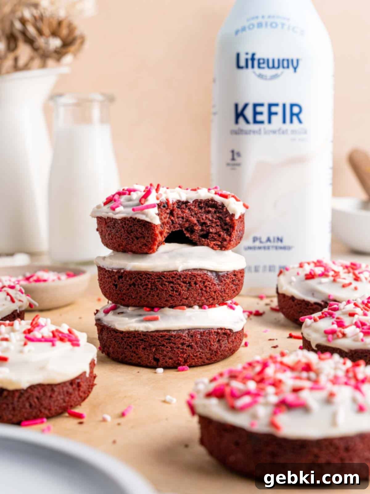 Frosted Red Velvet Donut Indulgence 10 A stack of baked red velvet donuts with cream cheese icing and sprinkles.