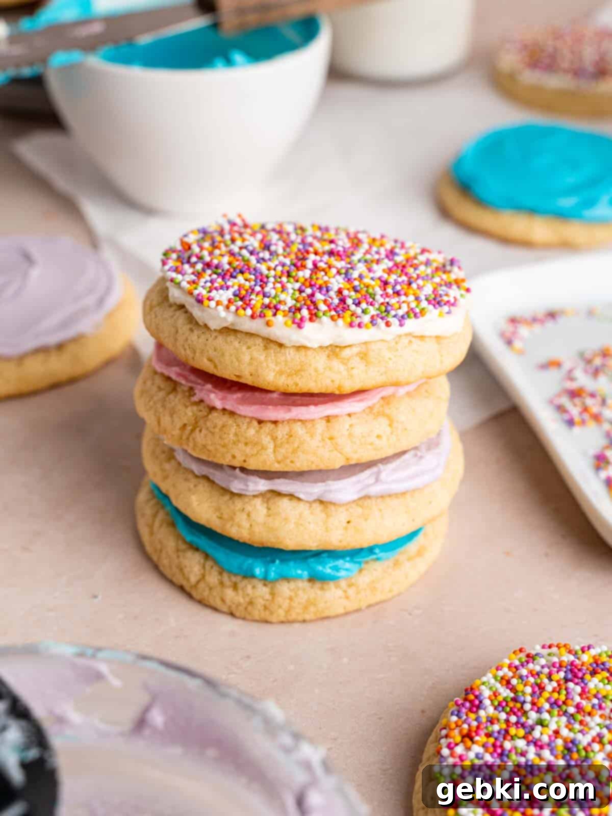 Pillowy Sour Cream Cookies with Sweet Frosting 2 A stack of sour cream cookies with vanilla buttercream frosting.