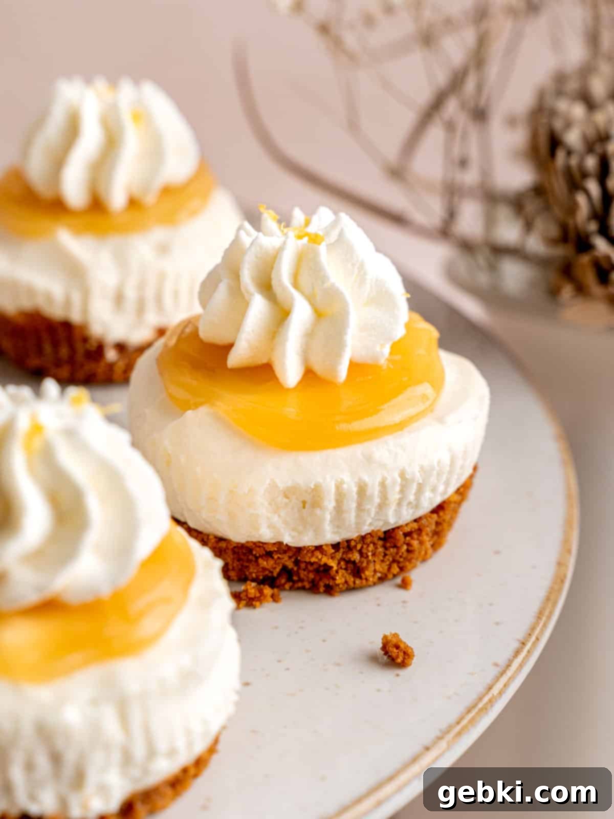 Mini lemon cheesecakes with lemon curd, whipped cream, and Biscoff cookie crust.