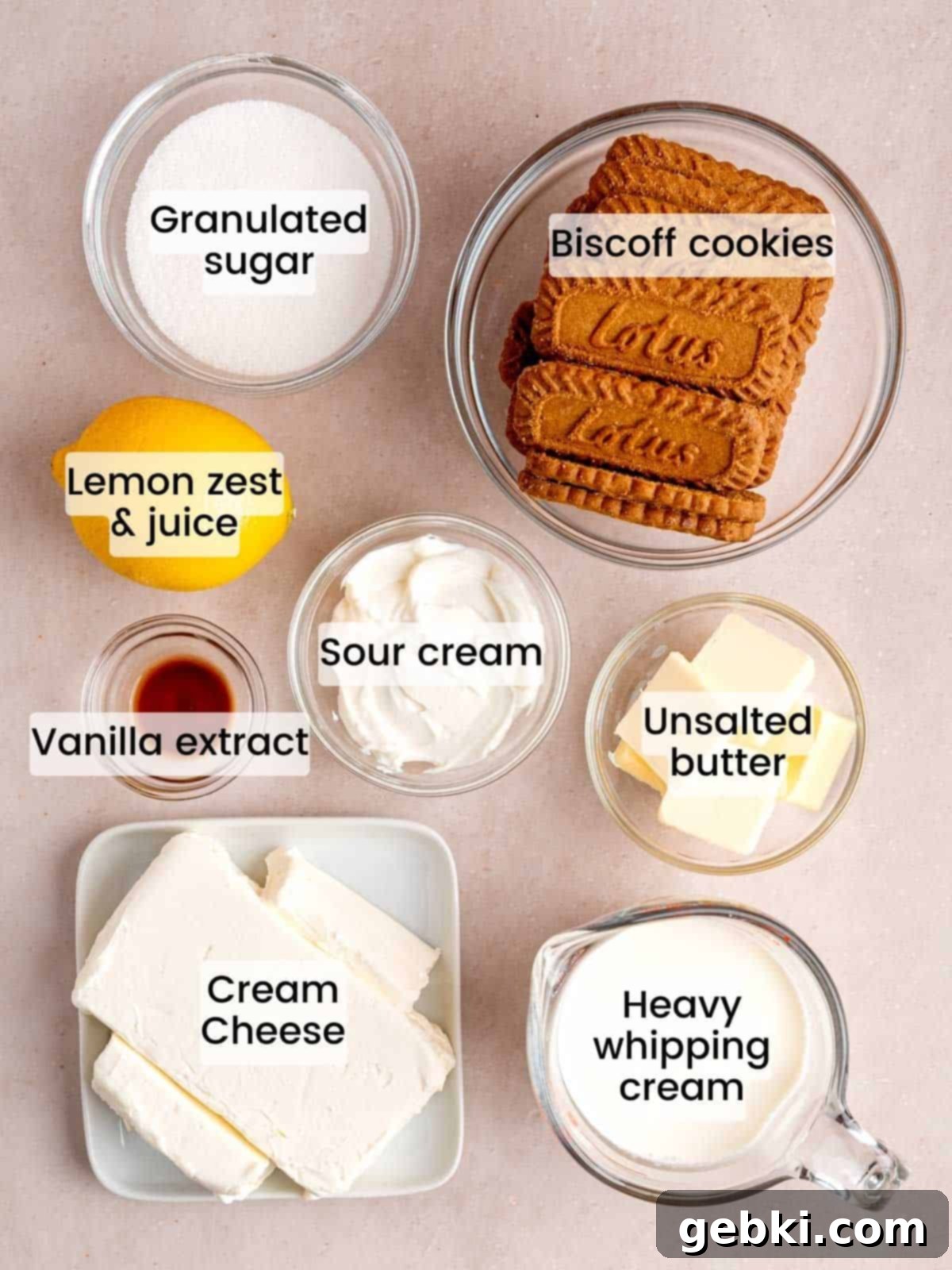 Ingredients needed to make no bake lemon cheesecake bites.