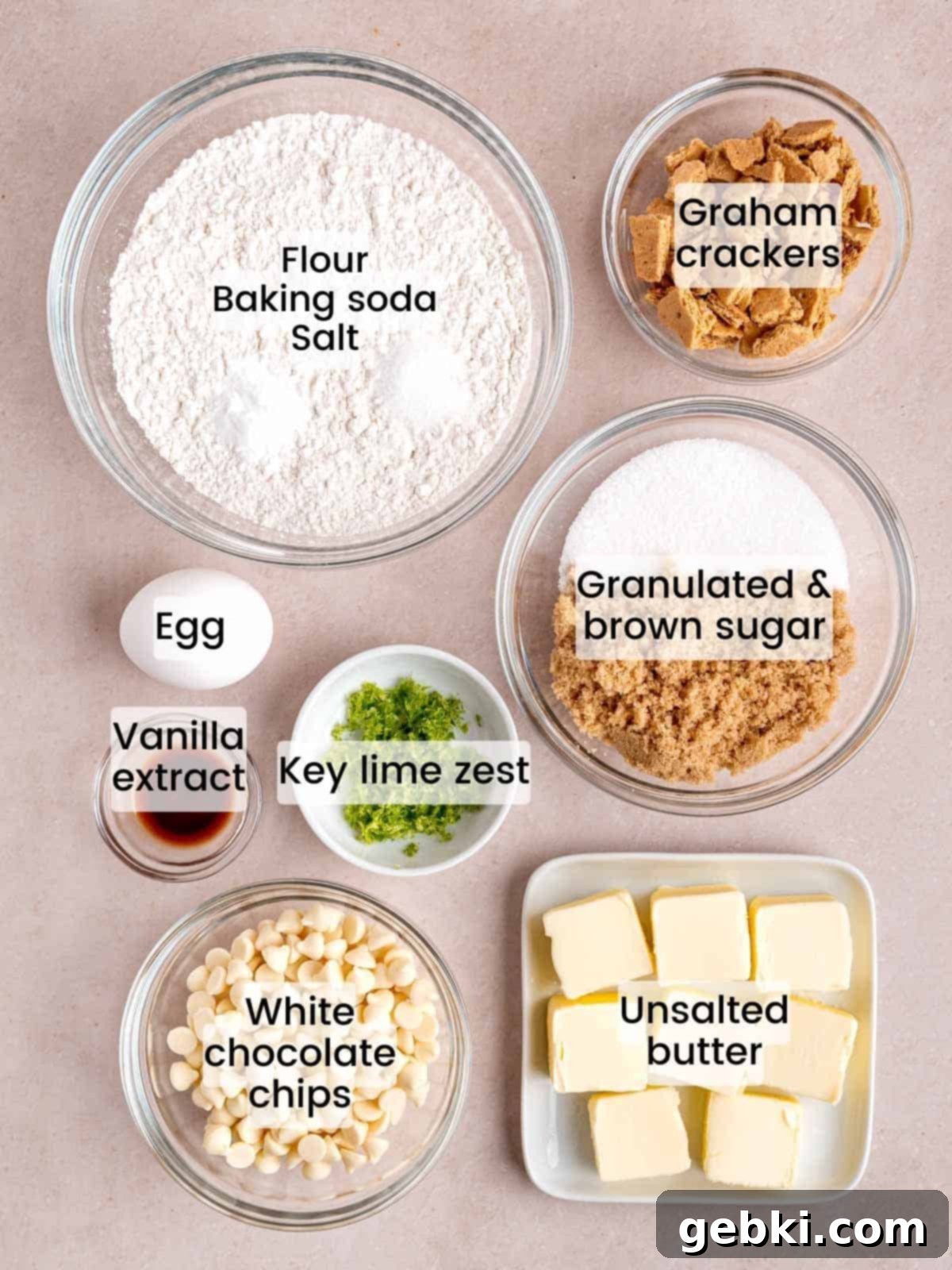 Zesty Key Lime White Chocolate Chip Cookies 3 Ingredients needed to make key lime cookies with white chocolate chips and graham crackers, neatly arranged on a counter.