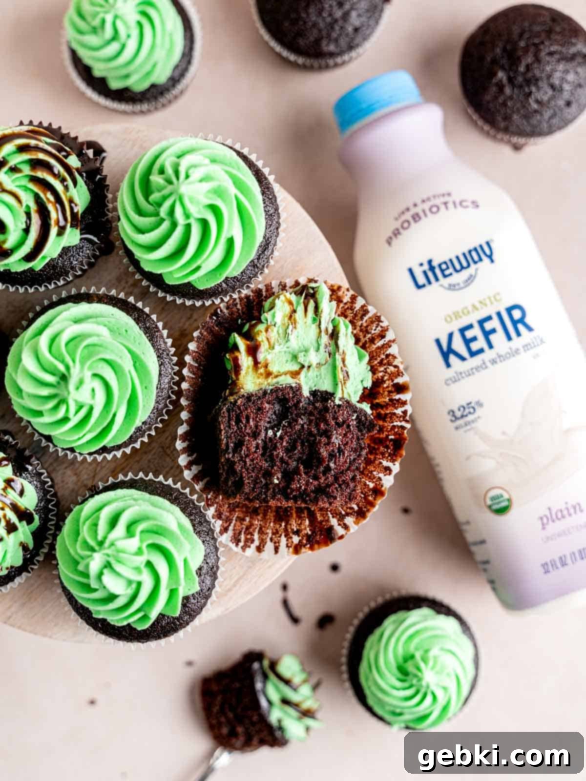 Minty Chocolate Indulgence 10 Top view of chocolate mint cupcakes with Lifeway Kefir bottles in the background.