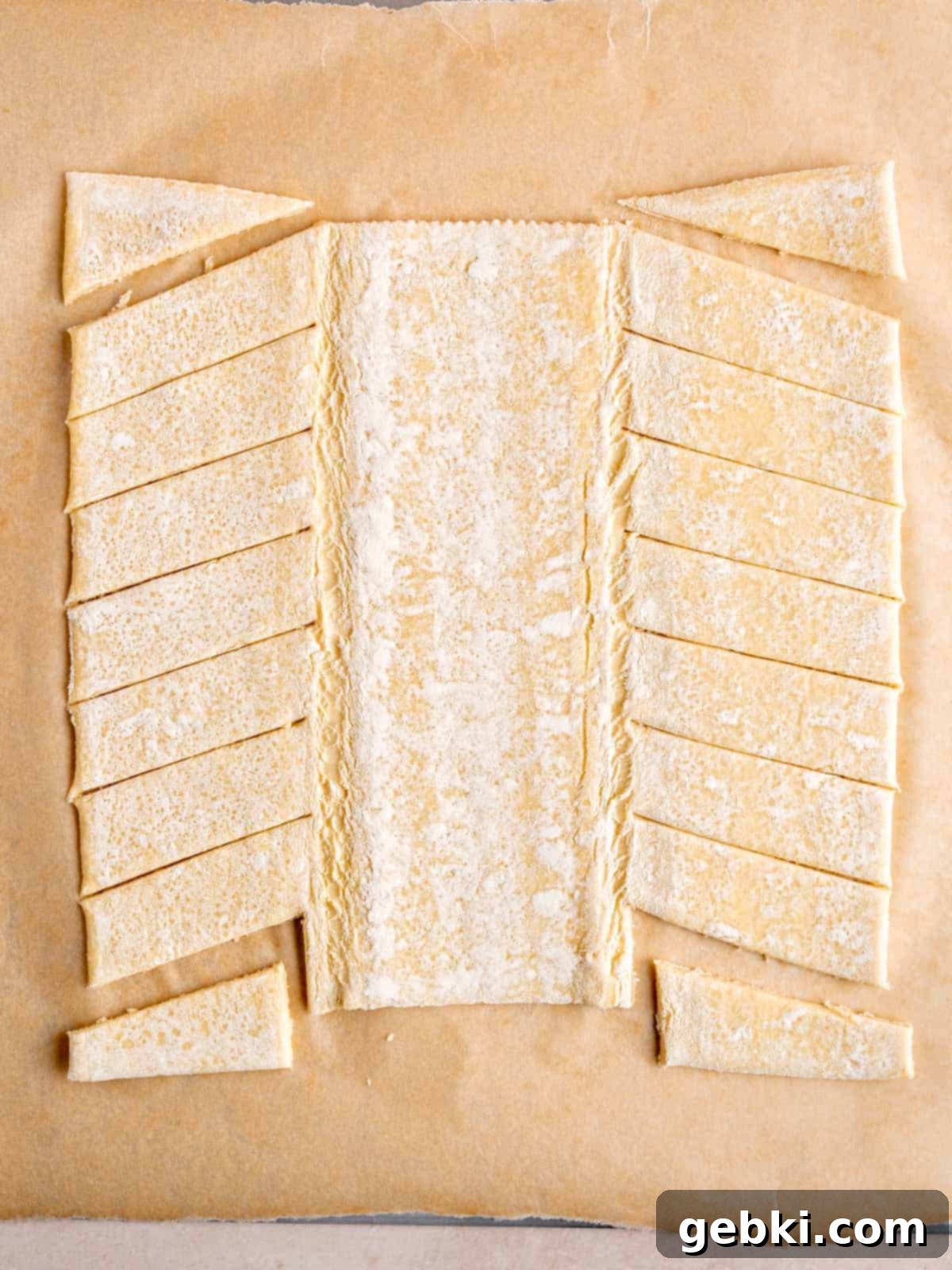 A thawed store-bought puff pastry sheet rolled out and neatly sliced diagonally on both outer thirds, ready for braiding.