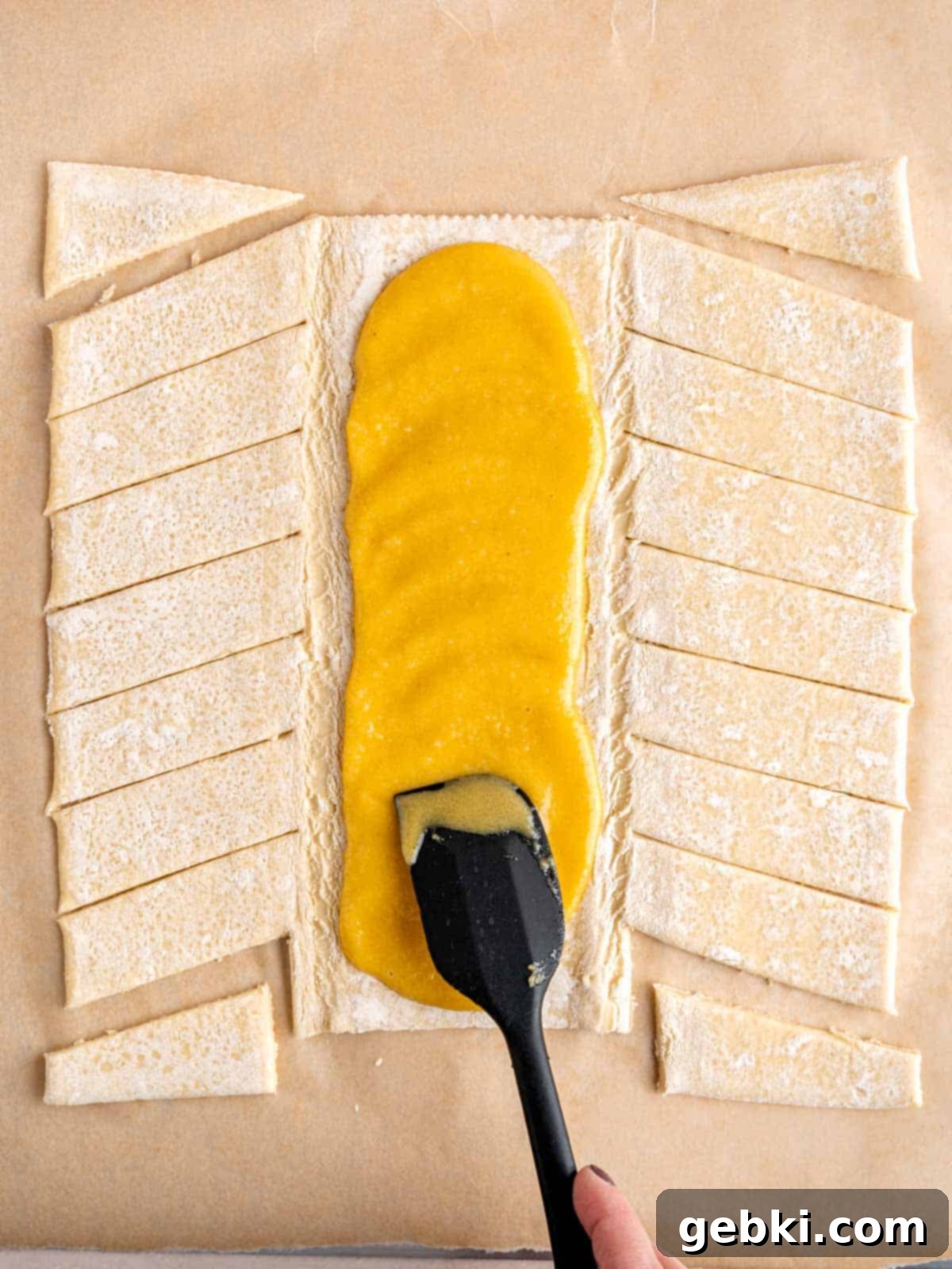 A puff pastry sheet with the almond filling mixture evenly spread across its middle third.