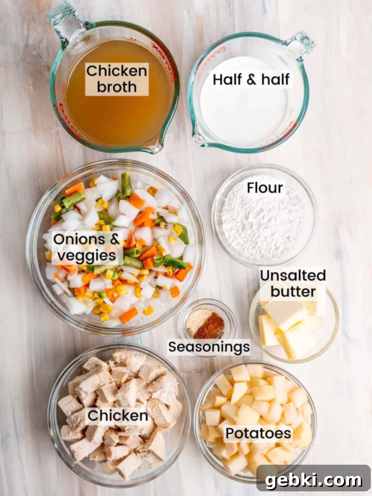 Homestyle Chicken Pot Pie 3 Chicken pot pie ingredients labeled including pie crust, butter, vegetables, flour, broth, half and half, chicken, and spices.