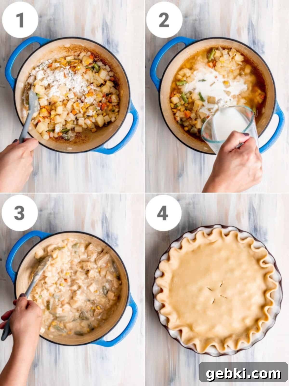 Homestyle Chicken Pot Pie 4 Step by step instructions showing how to make chicken pot pie visually
