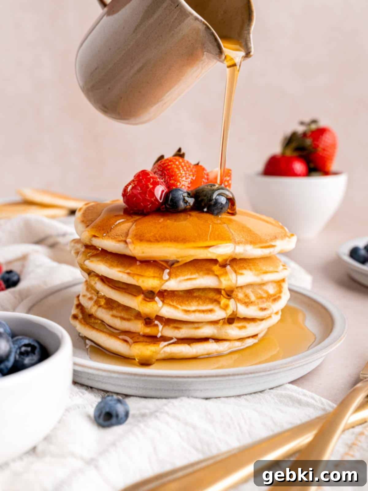 Turn Sourdough Discard Into Fluffy Pancakes 2 Pouring golden maple syrup generously over a tall stack of warm, fluffy sourdough discard pancakes, adorned with fresh berries on a rustic plate.