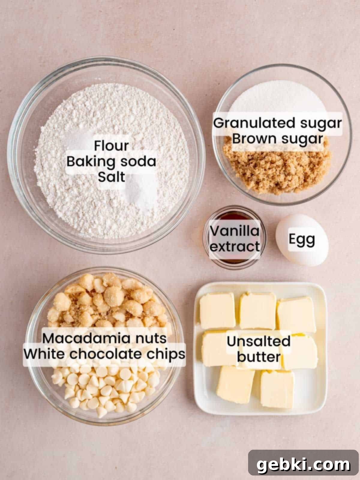 Irresistible White Chocolate Macadamia Nut Cookies 3 Ingredients needed to make white chocolate macadamia nut cookies.