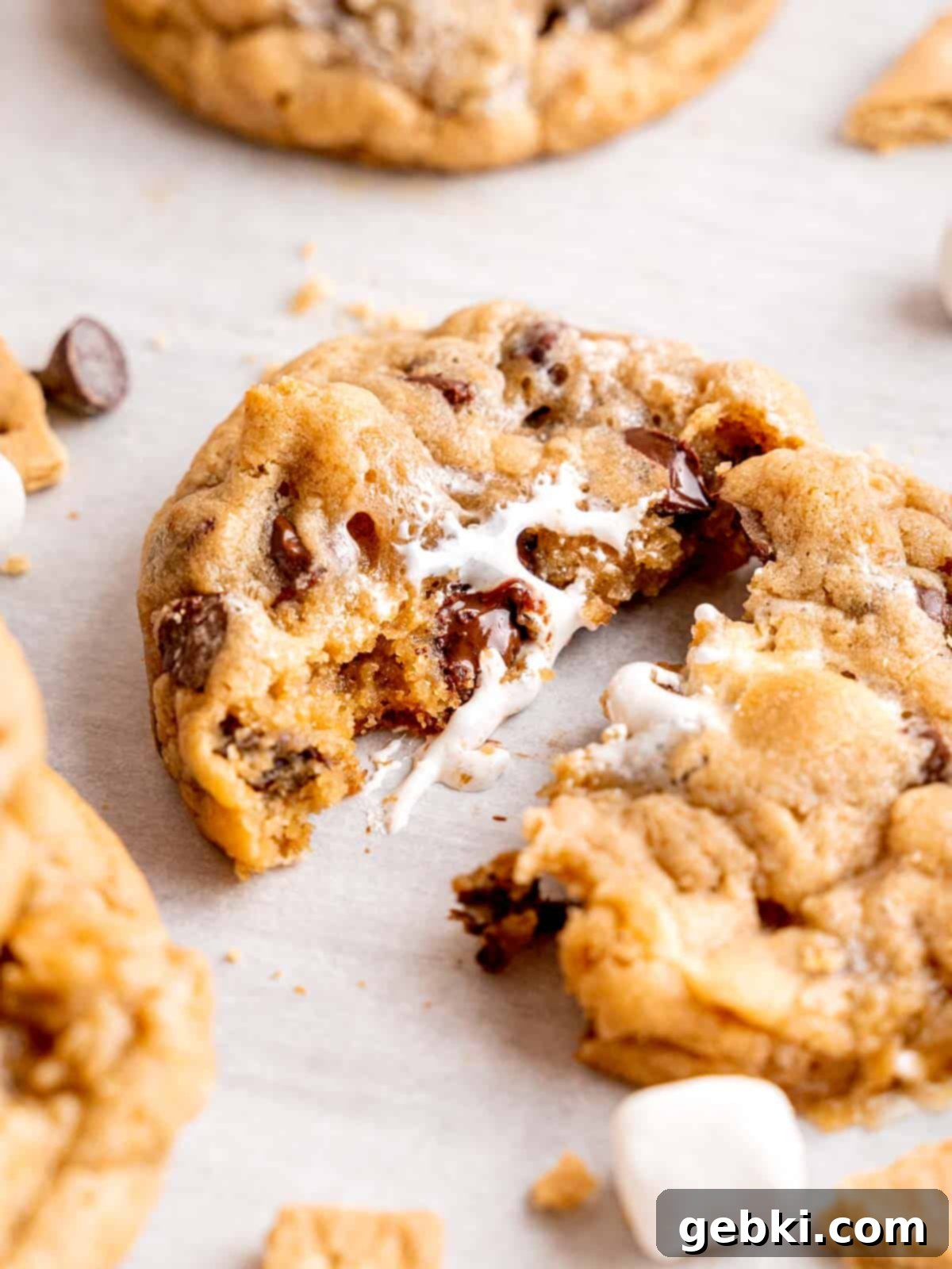 A s'mores cookie cut in half showing the melted chocolate and gooey marshmallows inside.