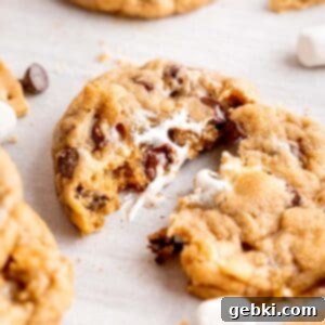 A s'mores cookie cut in half showing the melted chocolate and gooey marshmallows inside.