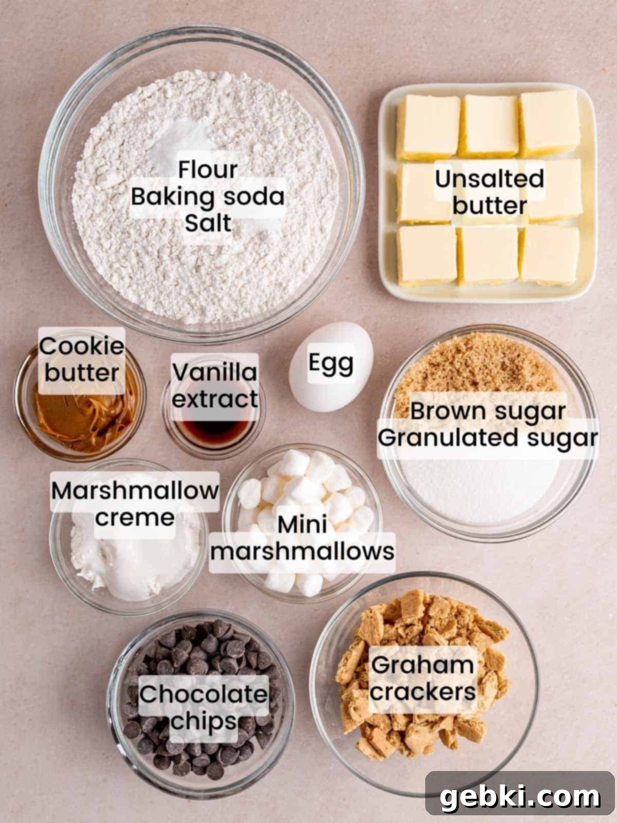 Ingredients needed to make s'mores cookies.