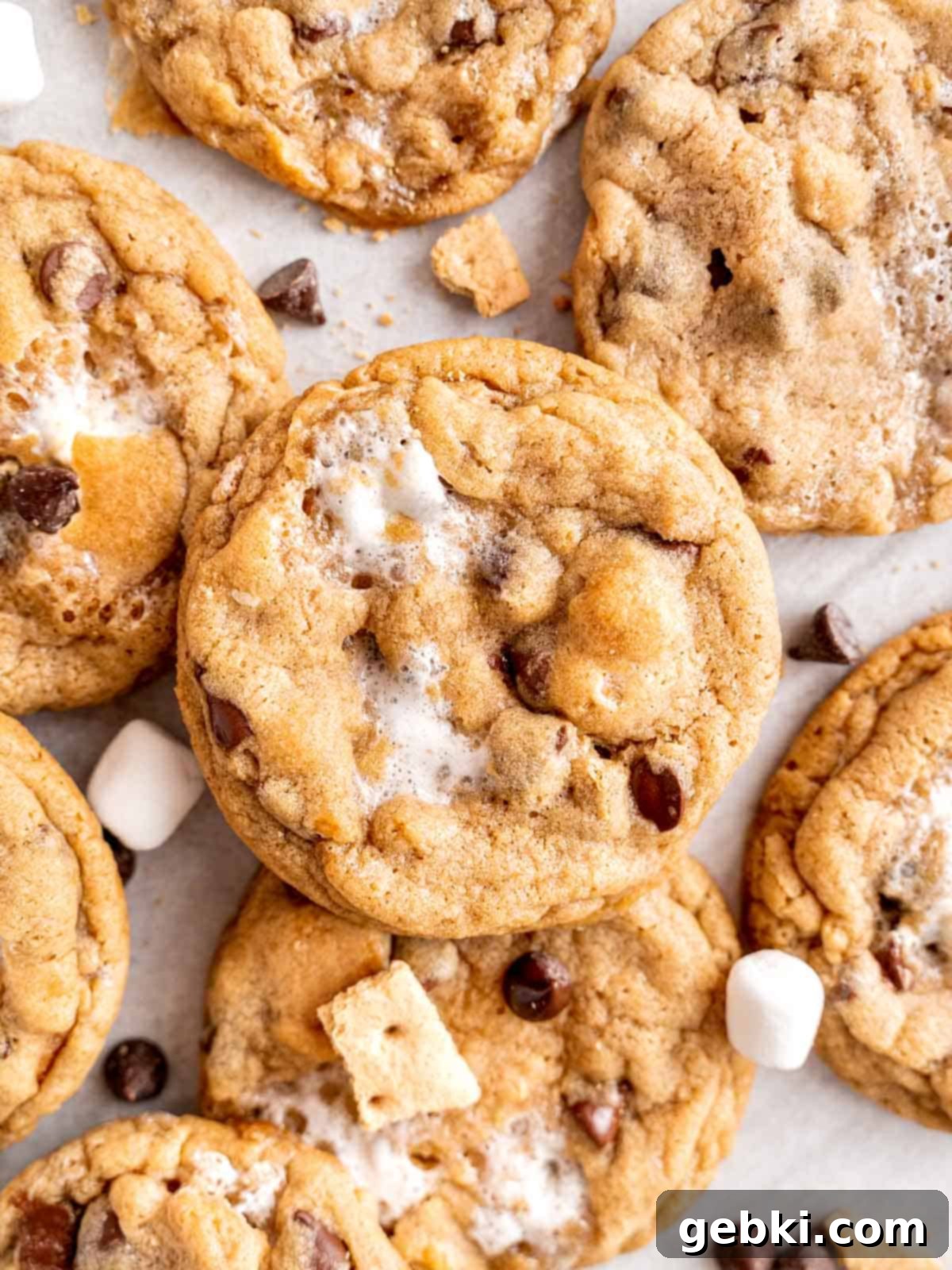 S'mores cookies with graham crackers, chocolate, and marshmallows.