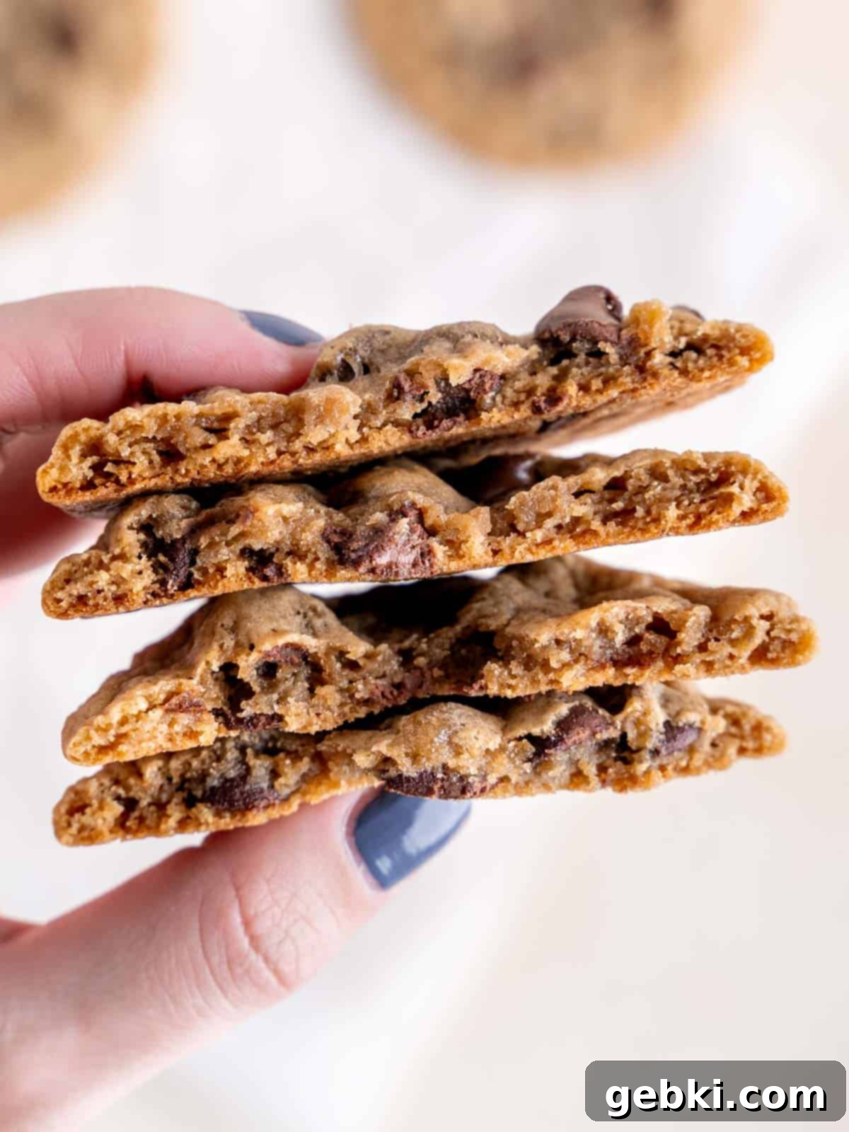 A hand holding two perfectly baked sourdough discard chocolate chip cookies, one broken open to reveal its delightful texture.