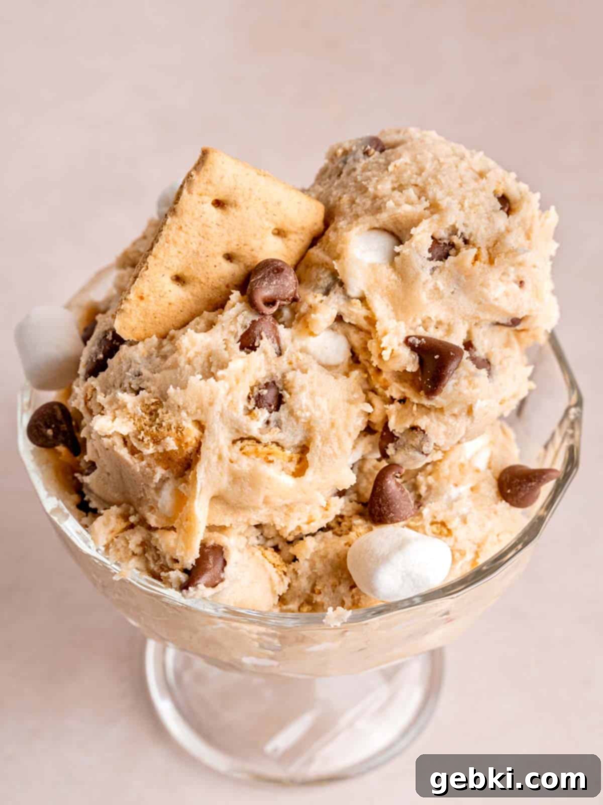 Ultimate S'mores Edible Cookie Dough 2 Scoops of edible s'mores cookie dough in a bowl, garnished with mini marshmallows and chocolate.