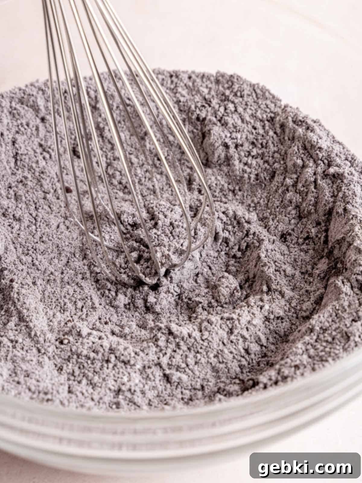 Whisking flour, black cocoa powder, baking powder, baking soda, and salt in a bowl.