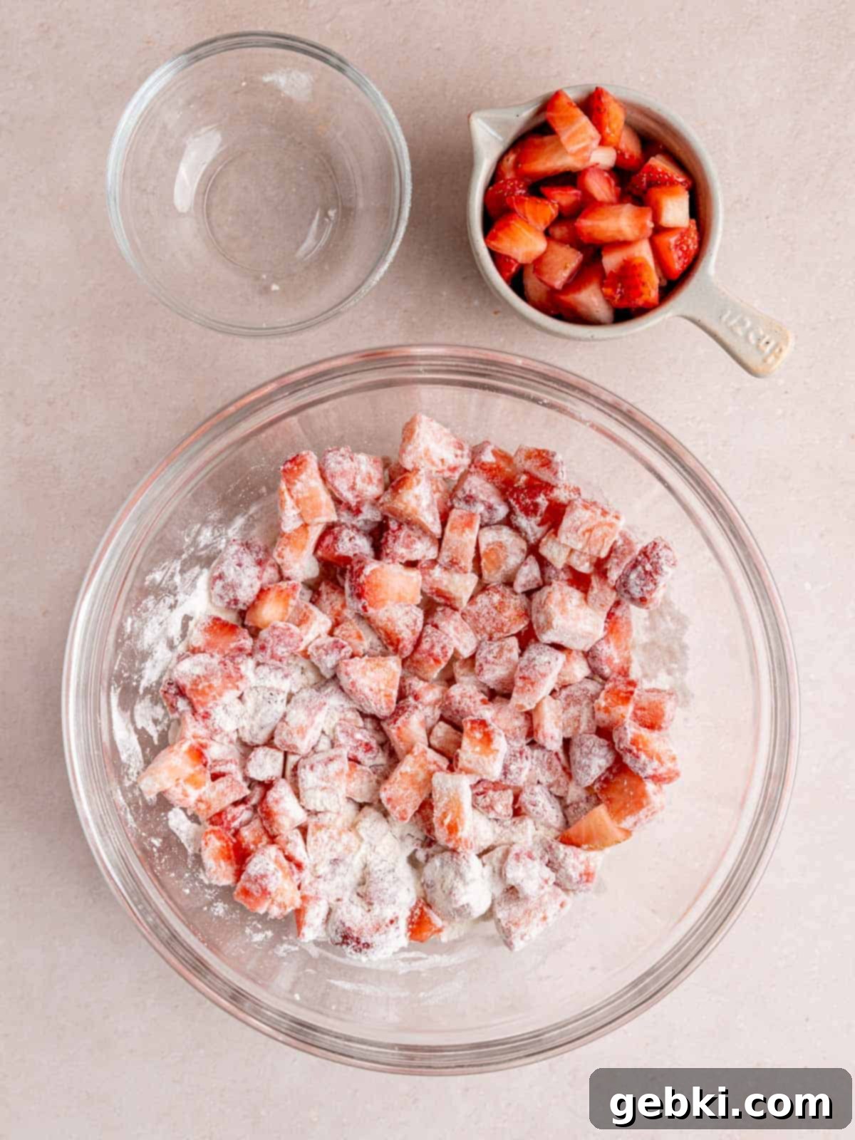 Quick and Easy Strawberry Muffins 6 Chopped strawberries coated in flour.
