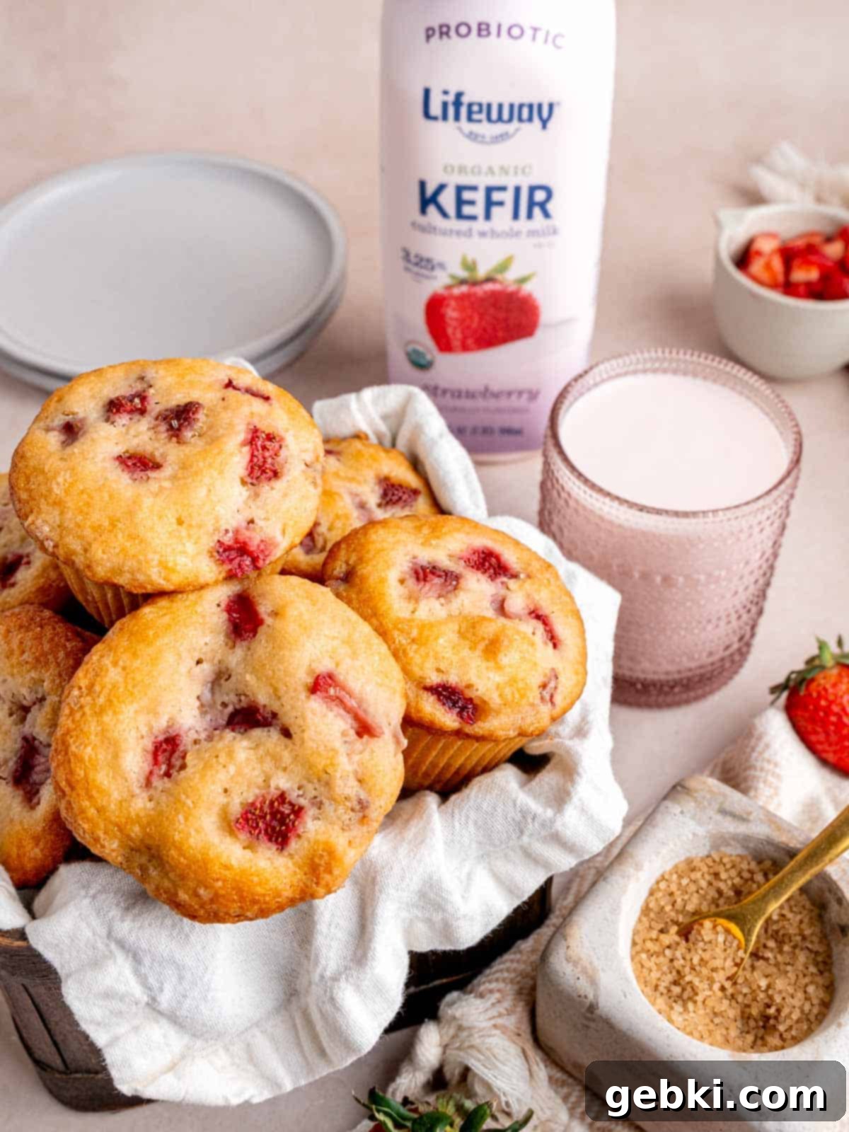 Quick and Easy Strawberry Muffins 10 A basket of strawberry muffins next to a bottle of Lifeway Strawberry Kefir.