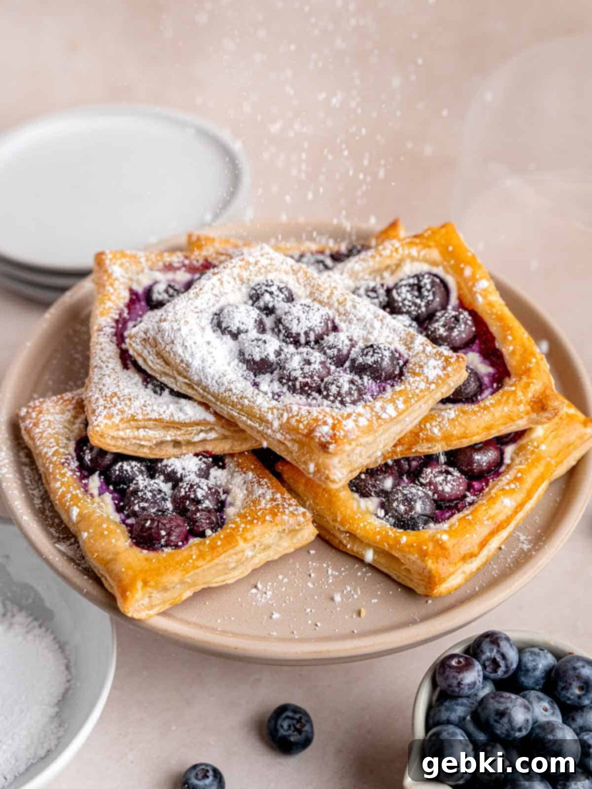 Simple Blueberry Cream Cheese Puffs 8 Sprinkling powdered sugar over warm, baked blueberry cheese danish pastries on a baking sheet.