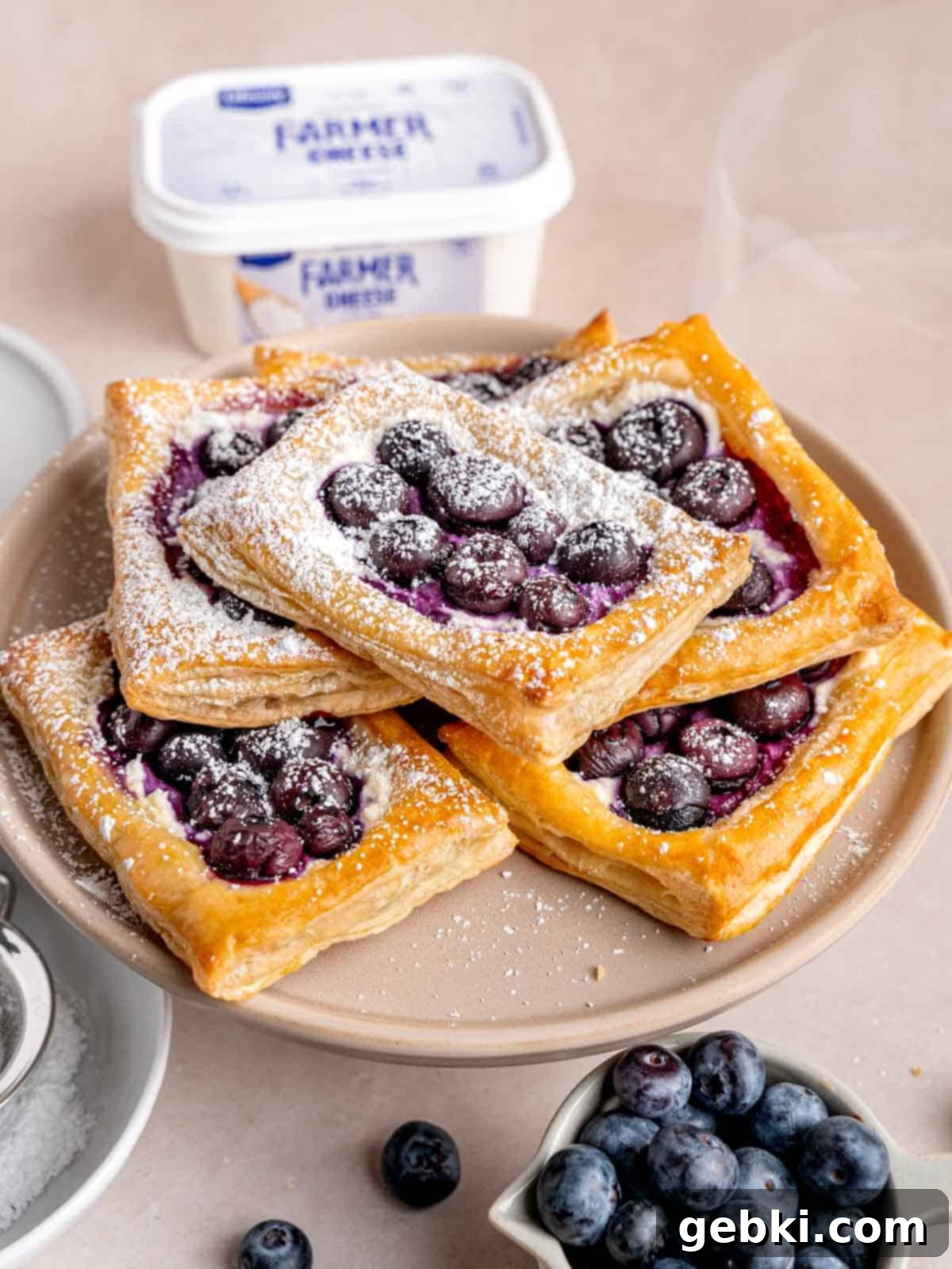 Simple Blueberry Cream Cheese Puffs 9 Blueberry danishes on a plate next to a container of Lifeway Farmer Cheese, highlighting the key ingredient.