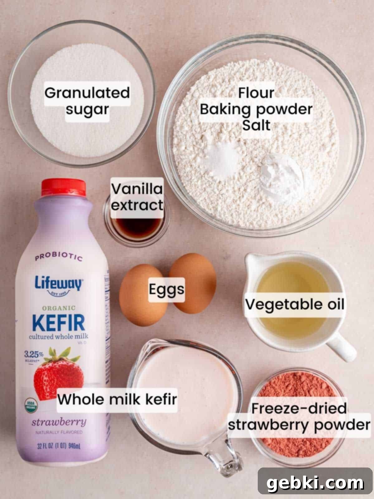 Ingredients needed to make a strawberry loaf cake.