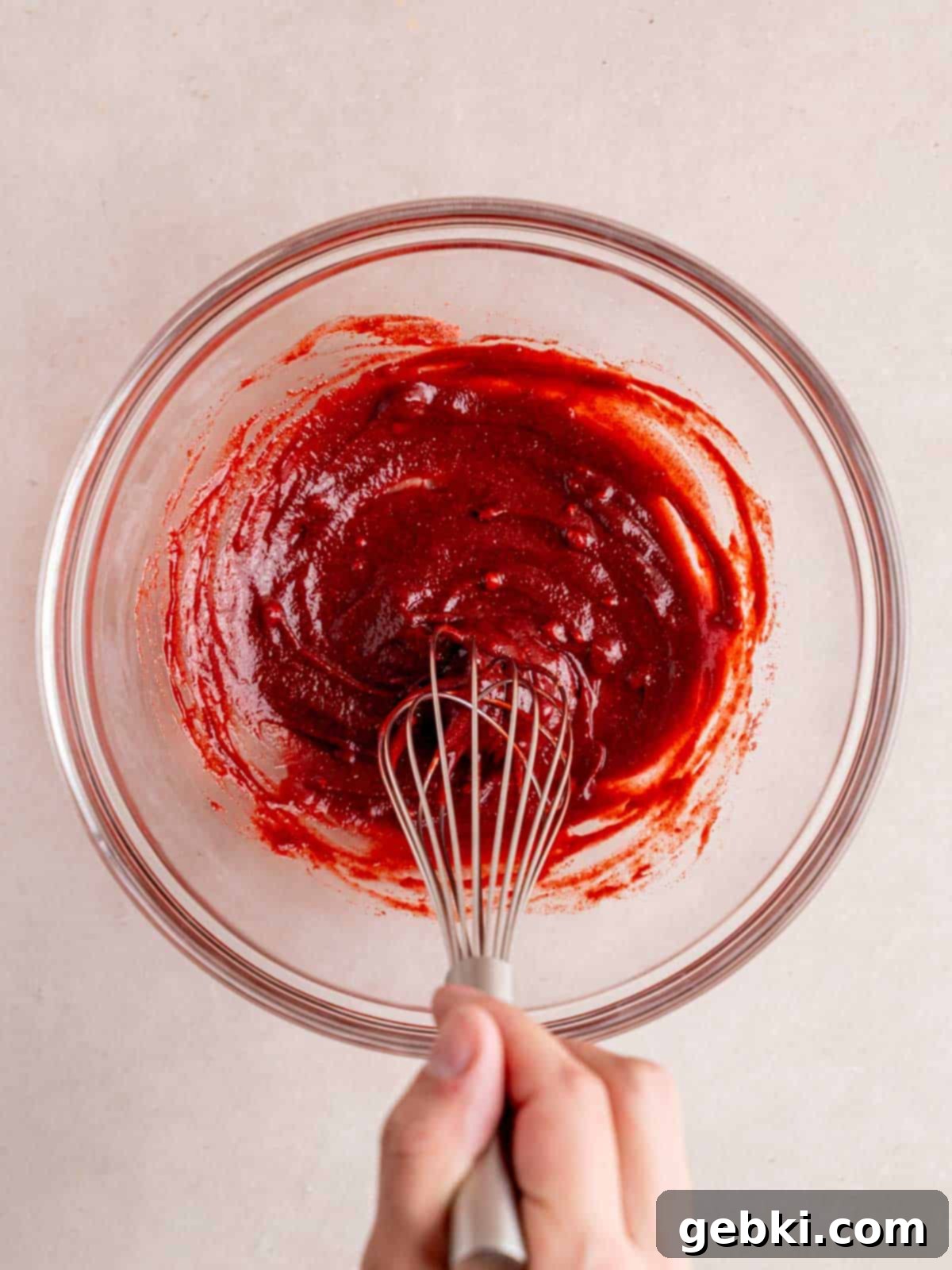 Whisking freeze-dried strawberry powder with hot water in a bowl.