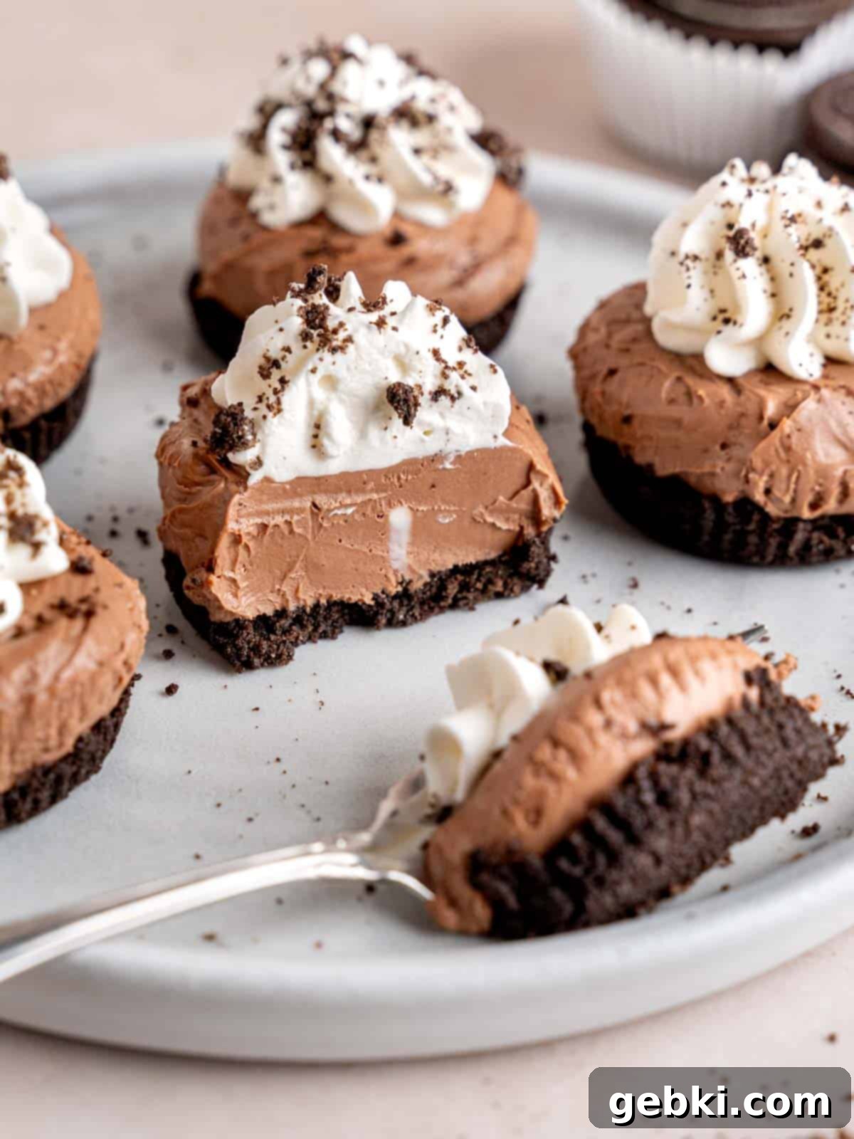 A mini chocolate cheesecake with a bite cut out using a fork.