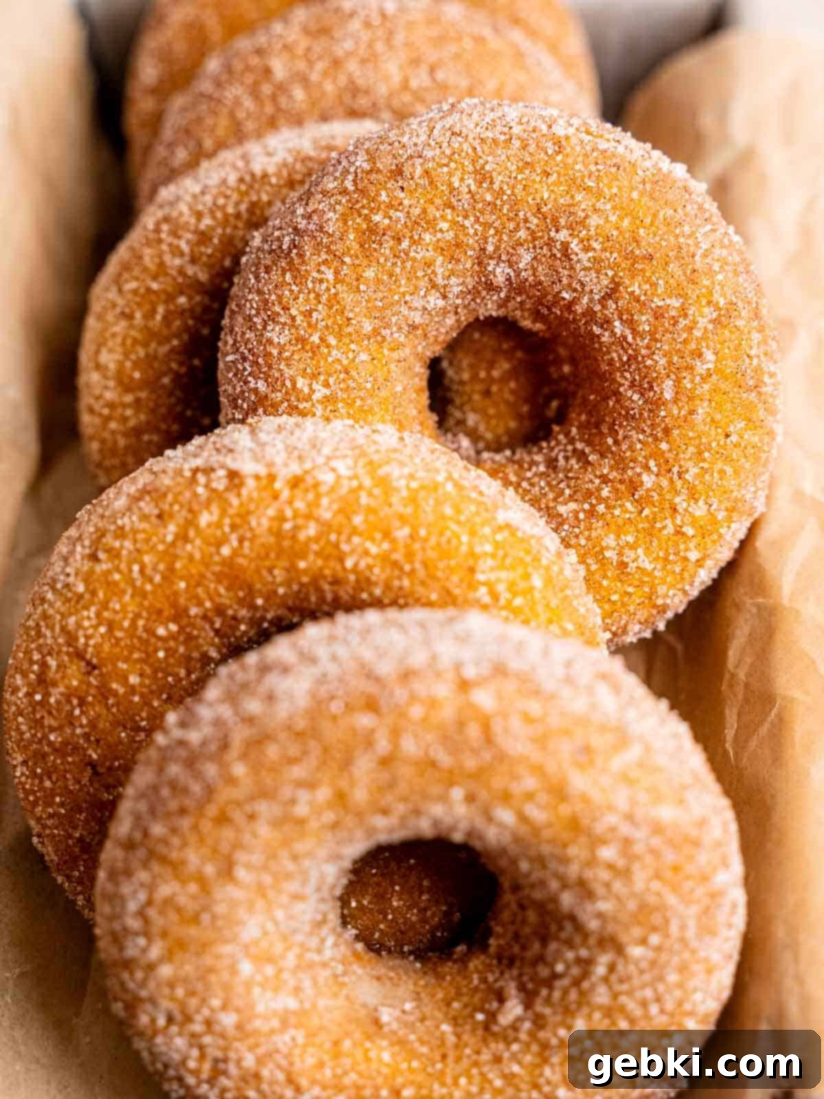 Pumpkin baked donuts coated in cinnamon sugar, arranged beautifully on a cooling rack.